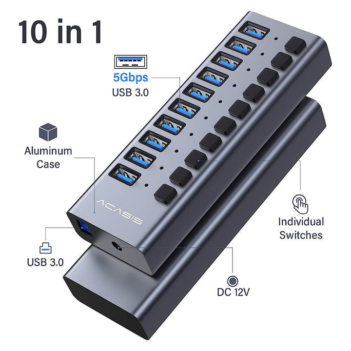 ACASIS Multi USB 3.0 Hub 10 ports High Speed With ON OFF Switch Adapter Splitter