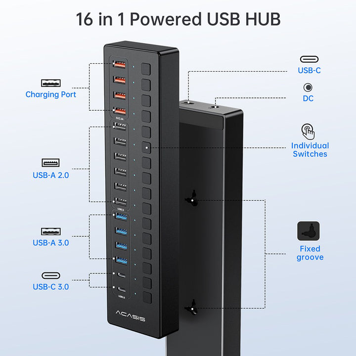 ACASIS Hub USB alimentado, concentrador de datos USB 3.0 de 16 puertos,  interruptores individuales de encendido/apagado, adaptador de corriente de  12