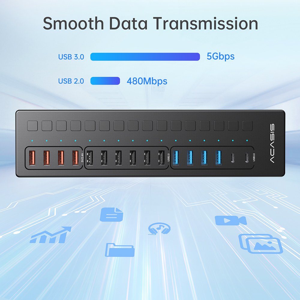Acasis 16 Port USB-C 5Gbps Smart Charging Hub Splitter Powered Switch