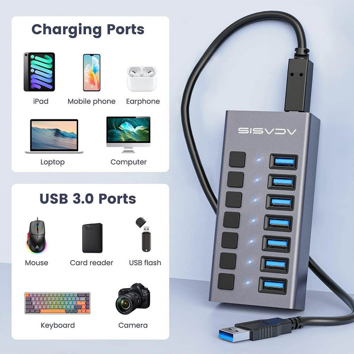 ACASIS 7 Ports 24W USB 3.0 12V/2A Data Hub with Individual On/Off Switches Splitter