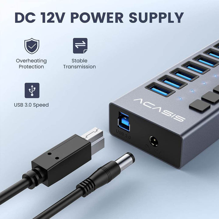 ACASIS 7 Ports 24W USB 3.0 12V/2A Data Hub with Individual On/Off Switches Splitter