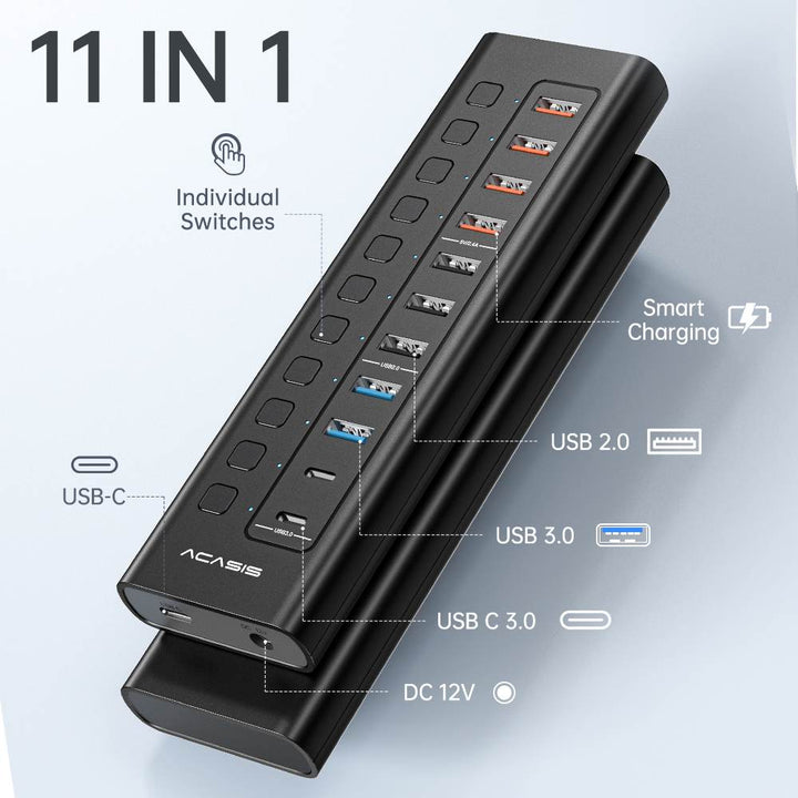 ACASIS 11 Port Hub Splitter (4 USB 3.0+3 USB 2.0+4 Smart Charging) with Individual LED On/Off Switches