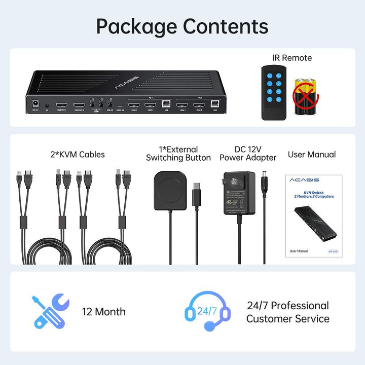 ACASIS KVM Switch 2 Monitors 2 Computers 4K@60Hz, EDID Emulation, Dual Monitor KVM with 4*USB2.0 for 2 Computers Share Keyboard & Mouse, IR Remote, Hotkey Switch, L/R Audio, and 2*KVM Cables