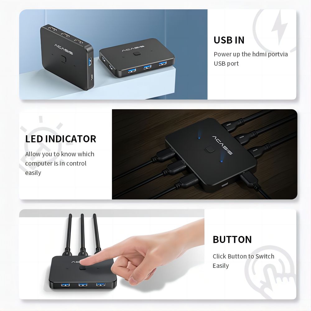 Acasis 2 in 1 4K 60Hz HDMI USB 3 0 KVM Switch 2 PC Share 1 Monitor Acasis 2 in 1 4K 60Hz HDMI USB 3 0 KVM Switch 2 PC Share 1 Monitor