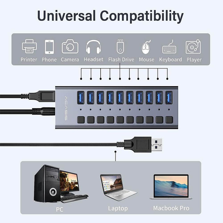 ACASIS Multi USB 3.0 Hub 10 ports High Speed With ON OFF Switch Adapter Splitter