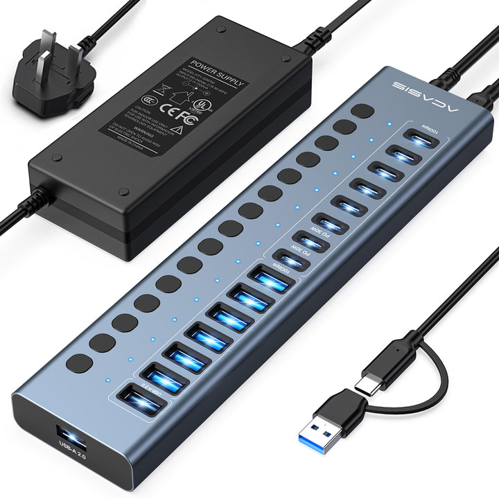 Acasis 16-Port Fast Charging USB 3.2 Hub with 8 USB-A + 8 USB-C Ports
