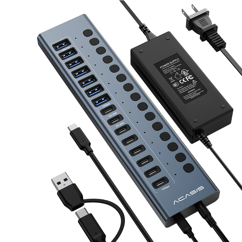 Acasis 16-Port Fast Charging USB 3.2 Hub with 8 USB-A + 8 USB-C Ports