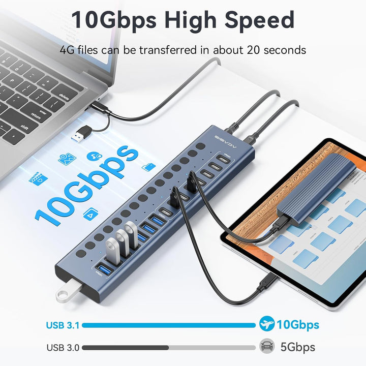Acasis 16 Port 10Gbps USB 3.2 Hub Powered, 8 USB-A & 8 USB-C Ports