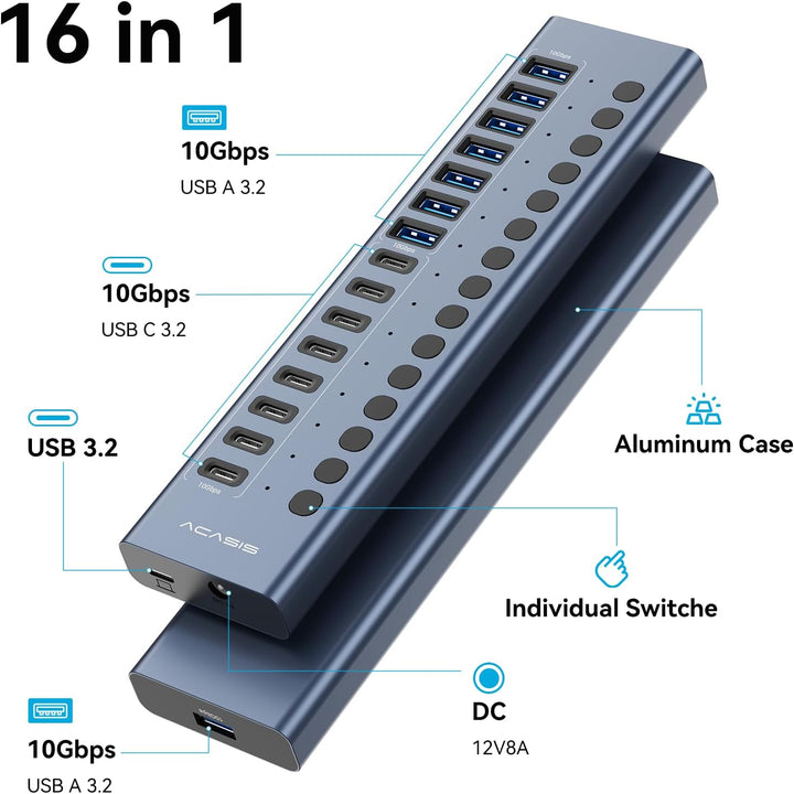 Acasis 16 Port 10Gbps USB 3.2 Hub Powered, 8 USB-A & 8 USB-C Ports