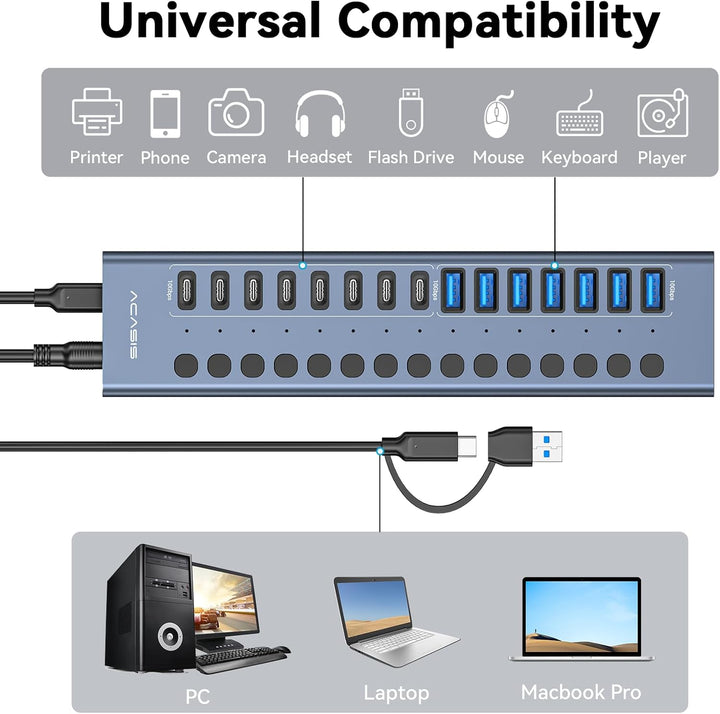Acasis 16 Port 10Gbps USB 3.2 Hub Powered, 8 USB-A & 8 USB-C Ports