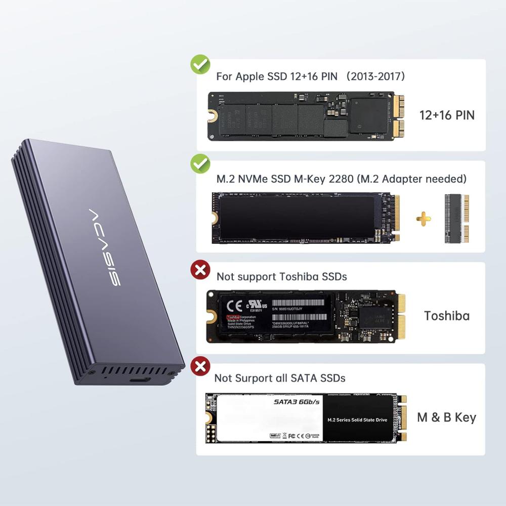 Acasis 20Gbps M.2 NVMe SSD Enclosure – For Mac 2013-2017 (12+16 PIN), Aluminum Gray