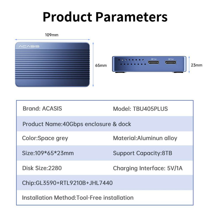 Acasis 6-in-1 40Gbps M.2 NVME SSD Enclosure & Docking Station DP 8K60Hz  Compatible with Thunderbolt 3/4,TBU405Plus 