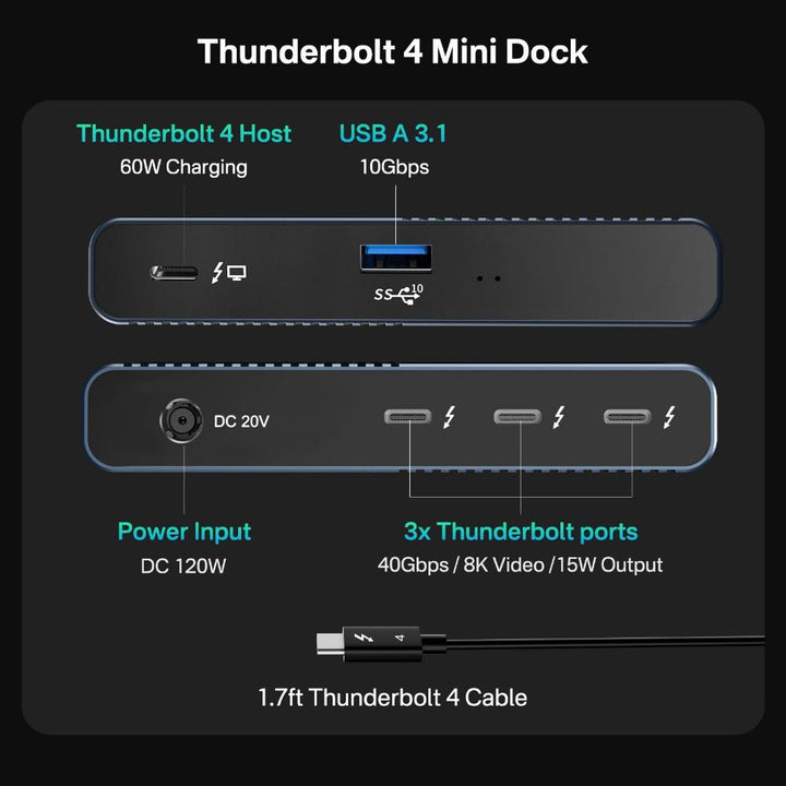 ACASIS 5-in-1 Thunderbolt 4, Single 8K or Dual 4K 60Hz Display, 120W PD Charging, 3X Thunderbolt 4 40Gb/s, 1 x USB A (10Gb/s)