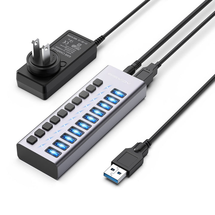 Multi Port USB Splitter，7 Port USB 3.0 Hub, USB A Port Data Hub with  Independent On/Off Switch and LED Indicators, Lights for Laptop, PC,  Computer