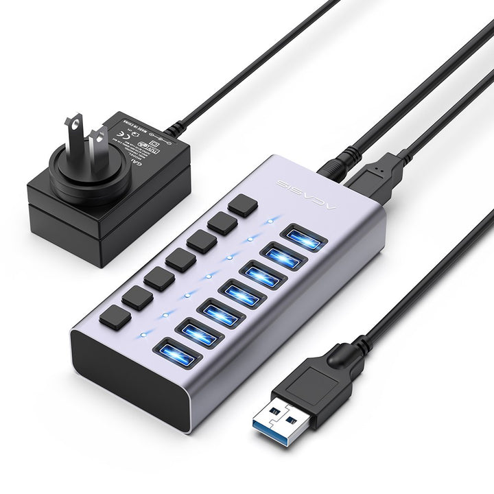 USB hub, Aluminum USB 3.0 Data Hub with Individual On/Off Switches and LED  Lights for Laptop, PC, Computer (4ft/120cm) (7port) 