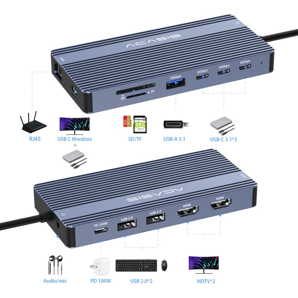 Acasis Driver Acasis 14 Ports 4K 60Hz USB C Docking Station with PD 100W Charging