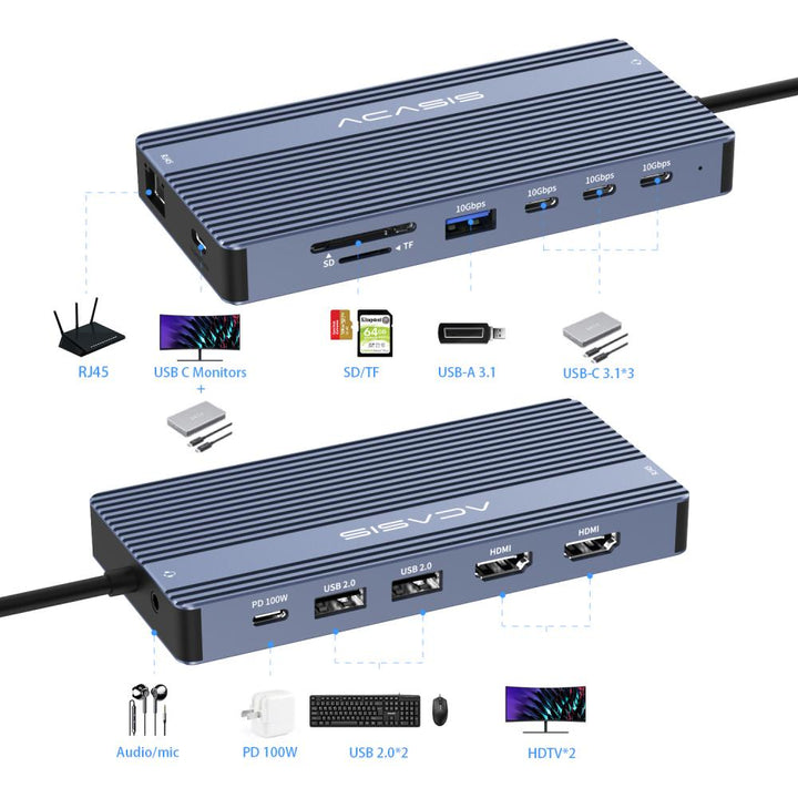 Docking Station USB-C 8 En 1 ACASIS - 2 HDMI 4K@60Hz, 1 VGA, 3 USB, PD100W, Audio 3.5mm Para Portátiles