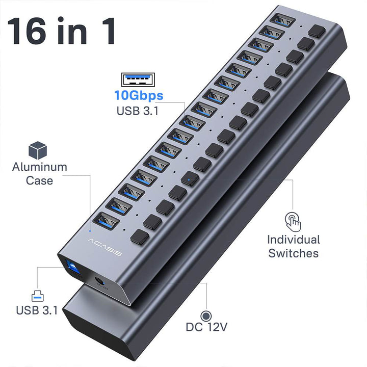 Acasis 16 Ports USB 3.1 Hub with Individual On/Off Switches Splitter