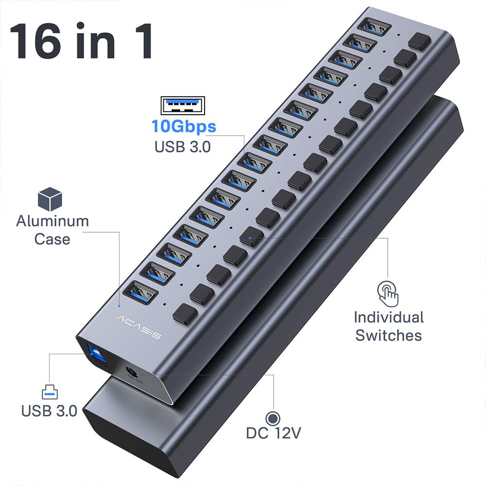 Acasis Multi USB 3.0 Hub 16 ports High Speed With ON OFF Switch Adapter ...