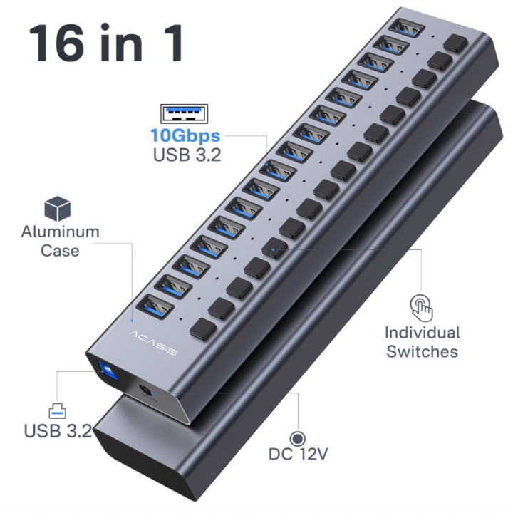 Acasis Multi USB 3.0 Hub 16 ports High Speed With ON OFF Switch